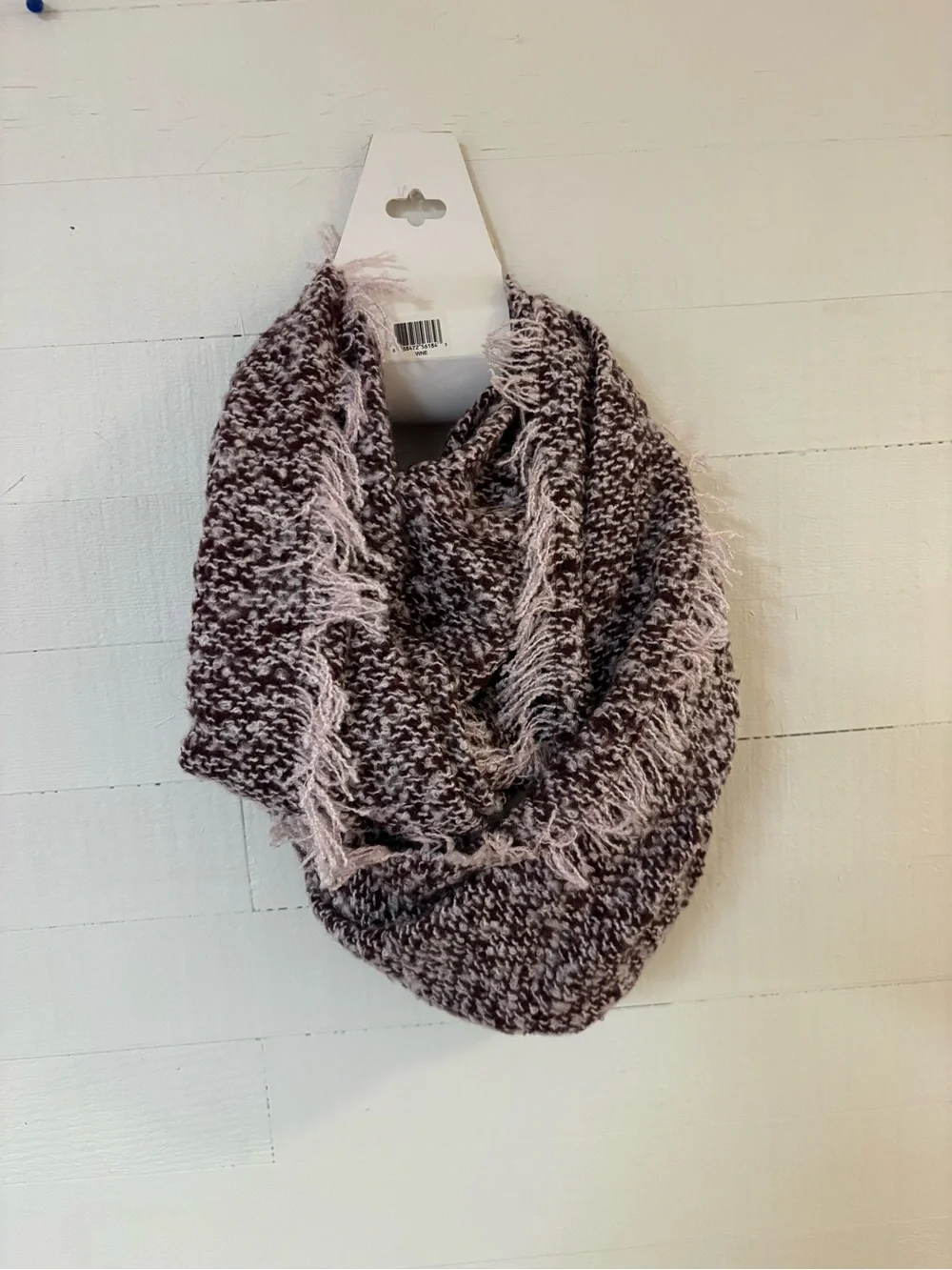 Infinity Loop Knit Scarf Burgundy Mauve Fringe Convertible Wrap NWT